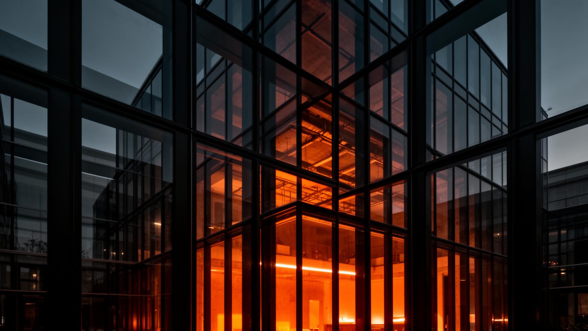 Black aluminium facade glowing at dusk
